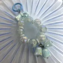 ビーズストラップ ビーズキーホルダー 韓国 12 水色 リボン 花