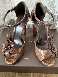 GUCCI ブラウン ヘビ皮 オープントゥ シューズのサムネイル