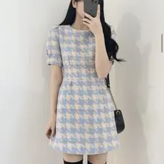 新品DHOLIC⭐︎千鳥柄⭐︎半袖ツイードミニワンピース⭐︎スカイブルー