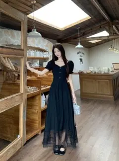 華やかレース✨ブラックロングレディースワンピース❤️春夏デートにもぴったり