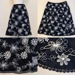 レリアン 花柄刺繍フレアスカート 黒 春夏 LL 上品