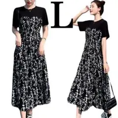 【新品】半袖ワンピース春夏レディース女性Lブラック黒Tシャツ切り替え花柄膝下