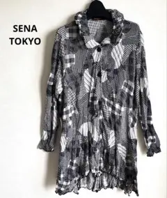 Sena Tokyo modeおしゃれなモノクロパッチワーク長袖ロングシャツ