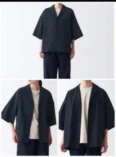 MUJI Labo 洗いざらしサッカー織りテーラードカラーシャツ 黒 L-XLのサムネイル