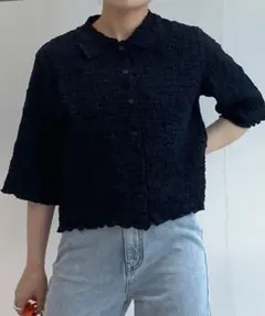 【wclosetダブルクローゼット】シワシワカットソーショートシャツ　トップス