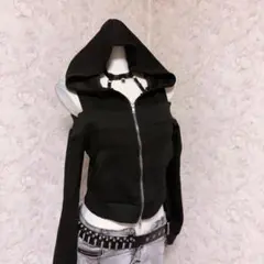 平成ギャル　Y2K ブラックフード付きショートパーカー