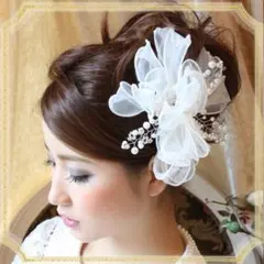 オーガンジー&パールのコサージュ パーティー ウェディング ヘアアクセサリー