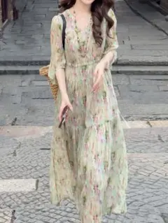 プリントワンピース 気質満点 エレガント ロング 着痩せ きれいめコーデ