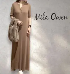 Mila Owen ミラオーウェンヘンリーネックリブニットワンピース ブラウン
