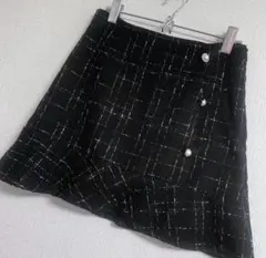 ☆ 黒 ツイード フレア スカート エレガント Aライン