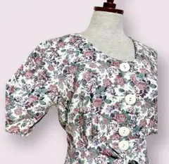 vintageヴィンテージワンピース花柄ホワイト前開きリボンレトロUSA海外古着