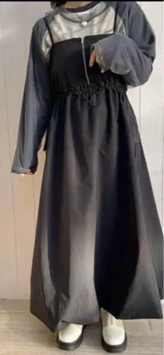 胸元ZIPボリュームバルーン裾＆ウエスト調整ドロスト☆キャミワンピース【4LP】