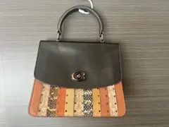 レザー ハンドバッグ 黒とオレンジのストライプ