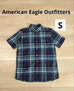 American Eagle メンズ 半袖　チェックシャツ　ブルー　Sサイズ