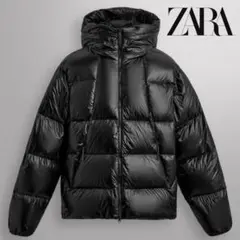 ZARA テカテカブラック ダウンジャケット フード付き - メルカリ
