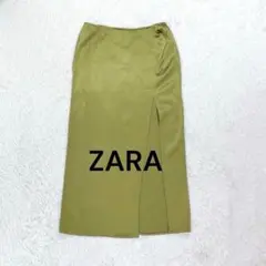 ザラ ZARA 深スリットタイトナロースカート M カーキ ミモレ丈 光沢 女子