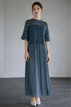DRESS PLUS ワンピース ドレス レース プリーツ ブルーグレー L