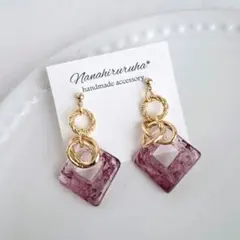 チェリー　レッド　べっ甲　マーブル　スクエア　二連　フープ　　ピアス　イヤリング