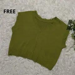 Vネック ノースリーブニット　ベスト　ダメージ　オリーブグリーン　FREEサイズ