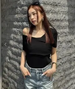 rienda アシンメトリーショルダーニットトップス半袖 夏服 サマーニットのサムネイル