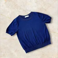 ビス　半袖ニット　セーター　Mサイズ　ネイビー　綿100% Uネック