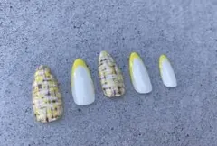 黄色ツイードフレンチネイルチップ