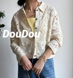 【新品タグ付】DouDou レース柄襟 ニットシャツカーディガン