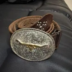 スタッズ レザーベルト ロングホーンバックル