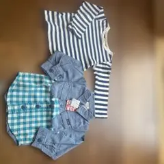 BREEZEのボーダーカットソーとデニムチェックシャツのセット 90センチ