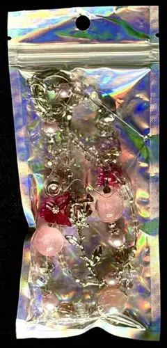 透明クリスタルビーズチャーム スマホストラップ（未使用品） ピンク 花モチーフ