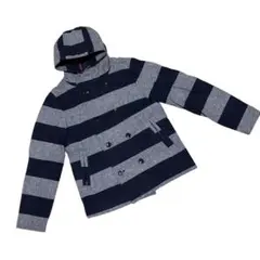 グレー×紺のボーダー フード付き キルティング ピーコート