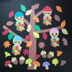 秋の壁面⑭　みのむし　きのこ　どんぐり　落ち葉　木　10月　11月　壁面飾り