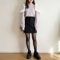 グレイル|ファーショルダー ニットトップス【M】ハイネック シースルー ピンク