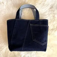 ダークデニム ポケット付きトートバッグシンプル