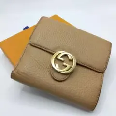 グッチ 二つ折り財布 インターロッキングG レザー ベージュ コンパクト