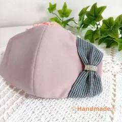 大人用マスク　ハンドメイド　ピンクベージュ　黒チェック×ラインストーンリボン