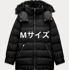新品✨ZARA セミロング丈フード付きダウンジャケット　ブラック　S zara : セミロング丈フード付きダウンジャケット