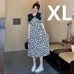 大きいサイズ XL モノトーン 花柄 チュール 半袖 春 ロング ワンピース