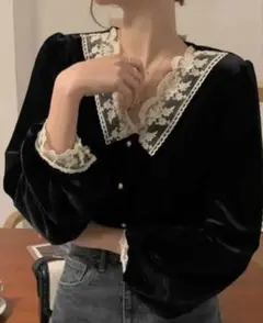 SHEIN 秋服 冬服 黒いベルベット長袖シャツ