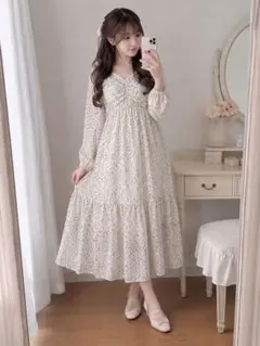 raffime 小花柄 ティアードロングワンピース グリーン フェミニンのサムネイル