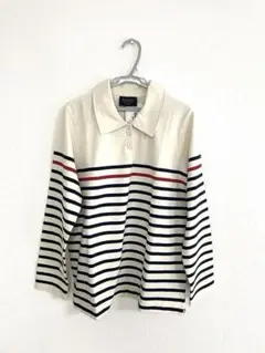 38.新品Le Minor 長袖ポロシャツネイビー/レッドのストライプ柄