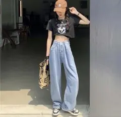 レディースデニムパンツ　韓国　サックス　ブルー サイズ調節