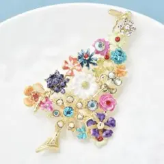 ブローチ　ツリー　カラフル　木　妖精　花　ジルコニア　ゴールドカラー　大　豪華