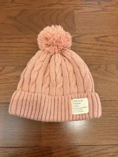 ピンク ケーブル編み ニット帽 ポンポン付き