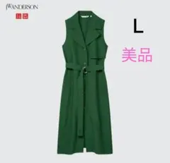 美品☆ユニクロ JW ANDERSON　リネンブレンドラペルワンピース　緑　Ｌ