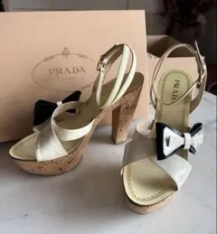 PRADA コルクヒールサンダル ホワイト・ブラック