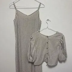 ツーピース セットアップ キャミワンピ ブラウス セット ギンガムチェック 韓国