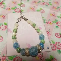 天然石　ブレスレット　ハンドメイド　アクセサリー　パール　ターコイズ　ブルー系