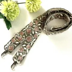カーキ太めインド刺繍リボンショルダーストラップ　少し短め