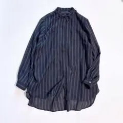 美品　MORABITO BLANC ストライプブラウス ネイビー 首元リボン40のサムネイル